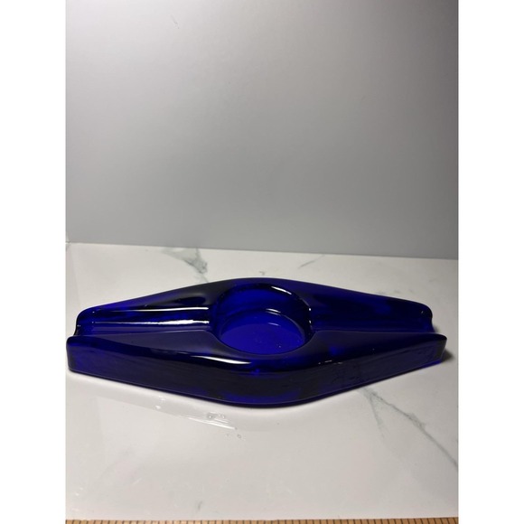 VTG Blenko Cobalt Blue Heavy Hand Blown Glass Cigar Holder Ashtray - Picture 3 of 8